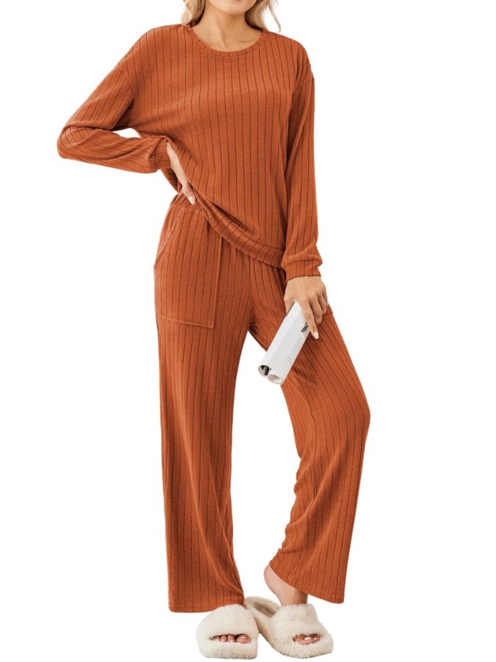 Lounge Sets Ribbed Knit Pajama Sets 2 Piece Soft Loungewear Outfits